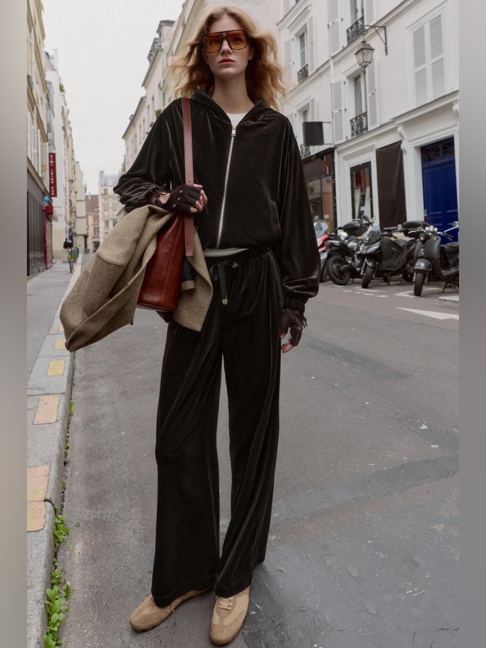 ZARA 2-Piece Brown Velvet Zip-Up Hoodie Jacket & Wide Leg Pants Set / Track Suit